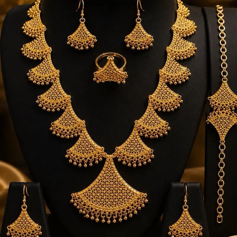 Luxury Gold Plated Fan Tassel Jewelry Set – Necklace, Earrings, Ring & Bracelet | Elegant African Wedding Jewelry