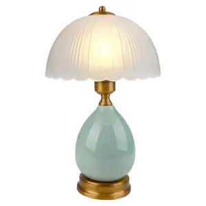 Table Lamps Ceramic Retro Lamp for Living Room,16.73" Modern Bedside Nightstand Traditional Lamps, Classic Chinoiserie Green Glass Lamp for Home (French Country)