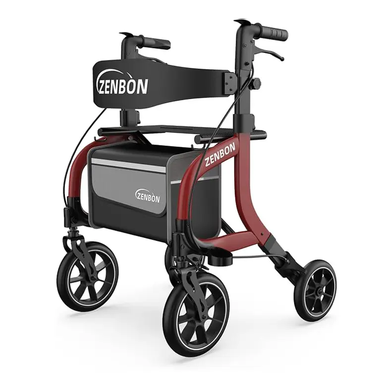 ZENBON 7211 Rollator Walker for Seniors/Adults Foldable Rolling Walker with Seat 330 lbs Capacity 10 inch Wheels Hand Grips Adjustable Height Lightweight Durable Aluminum Walker Removable Back Support