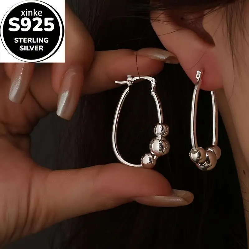 A pair of simple 925 silver three bead earrings for women's fashion earrings with large ear loops