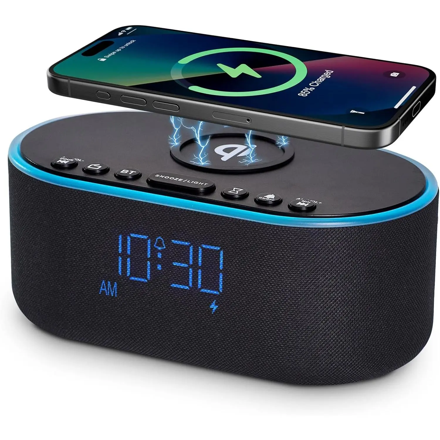 Modern Adjustable Qi-Certified Fast Wireless Charging Alarm Clock Radio - 10W Charger for iPhone/Samsung, Bedroom Accessories with Dimmable Display, FM Radio, Stereo Bluetooth Speaker, Sleep Timer, USB Charging Port, Black