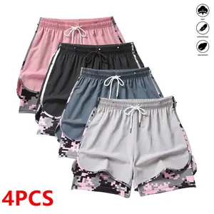 Women’s summer shorts set (4 pieces): double-layer faux two-piece mid-length shorts; camouflage women’s shorts; breathable quick-dry compression base layer shorts with elastic waistband drawstring and side mesh pockets; suitable for fitness training, casu