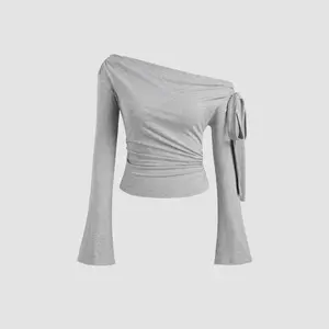 Cider [size 2-10] Off-shoulder Solid Knotted Ruched Long Bell Sleeve Top