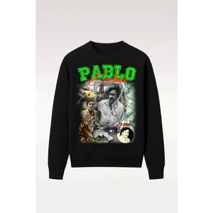 Men's Pablo Graphic Cotton Hoodie - Long-Sleeve Round Neck Cotton Pullover Garments, Vintage Chicano Streetwear Sweatshirt, Bold Latino Urban Digital Print Oversized Casual Gift