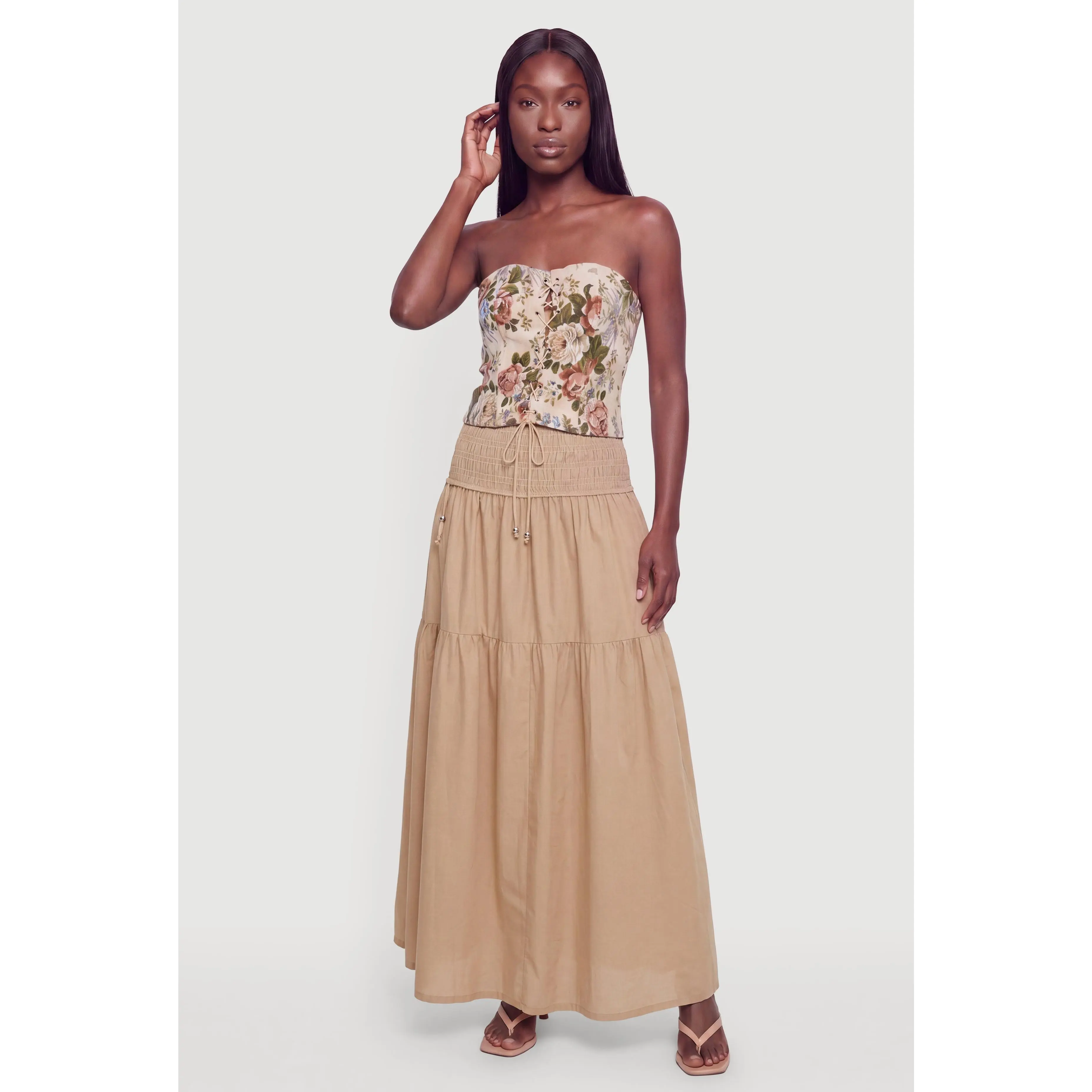 Smocked Drop Waist Ruffle Tiered Maxi Skirt