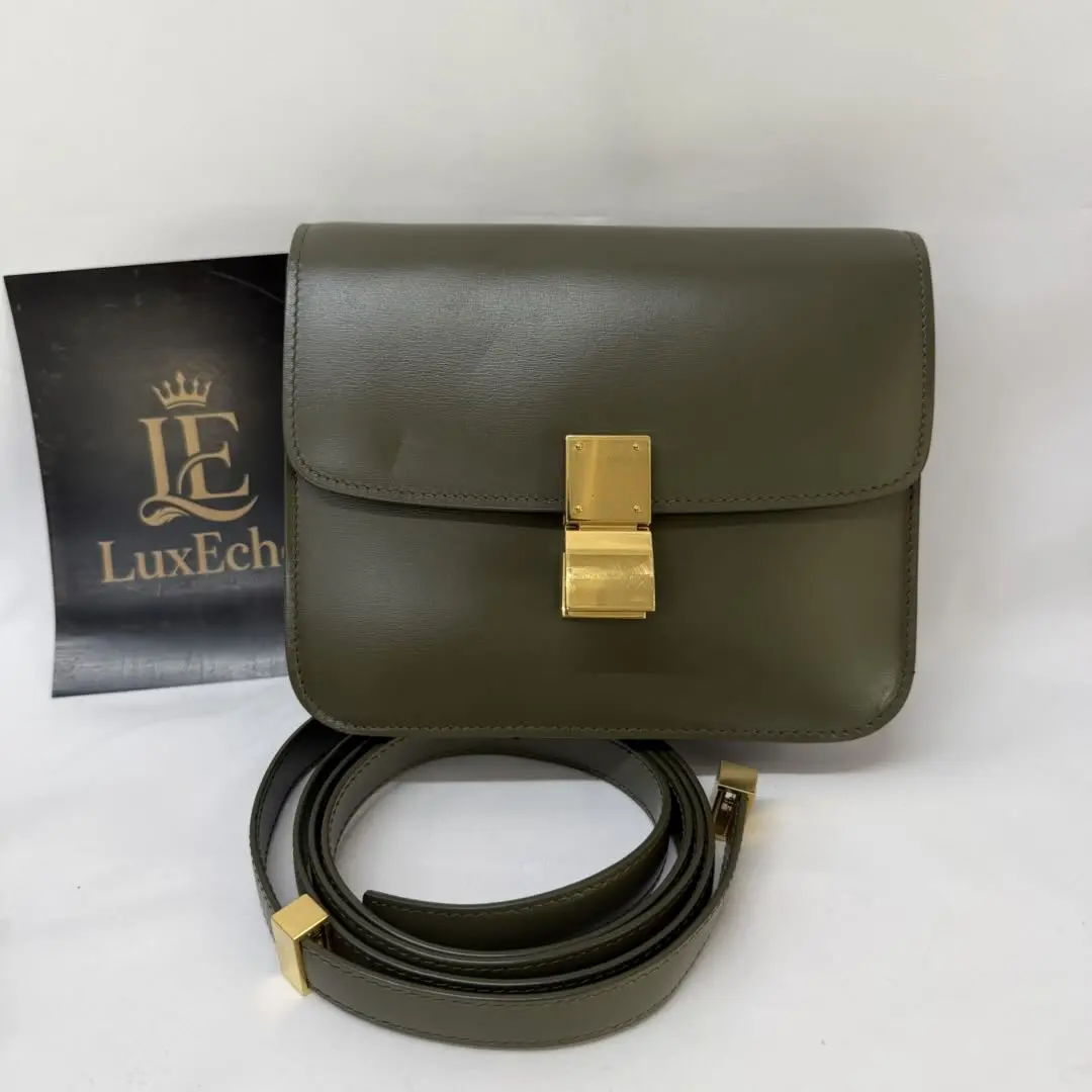 Pre-owned Celine Classic Box Medium Bag in Olive Green Calfskin Leather with Gold Hardware