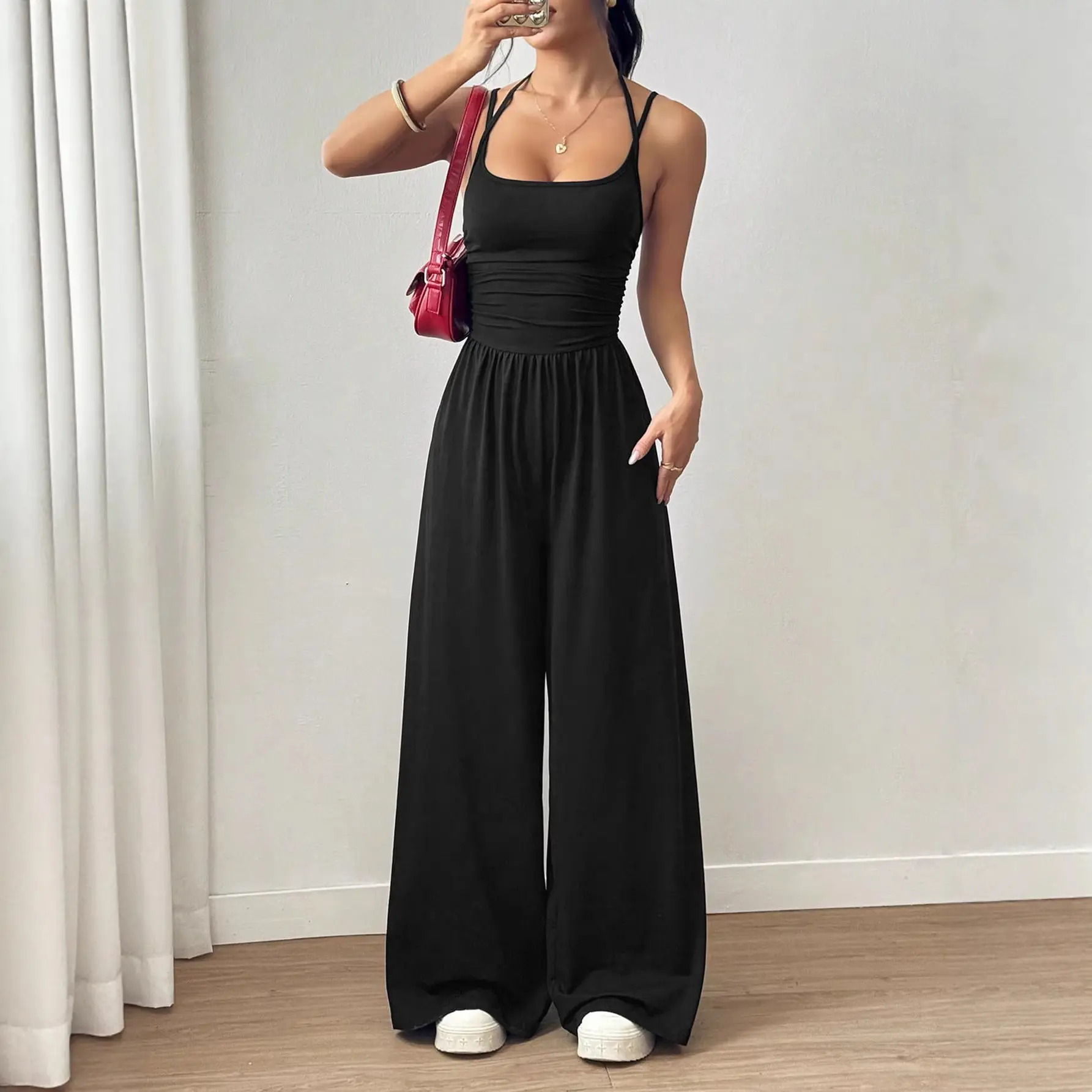Women's Summer Thin Spaghetti-Strap Square-Neck Jumpsuit - Wide-Leg Floor-Length Drapey Pants, Ruched Waist for Cinched Look, Slim Wrap-Bust Casual Solid-Color Womenswear Romper