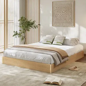 Fluted Platform Bed Frame, Low Profile Floor Standing Bed Frame, Noise Free Wood Slats Support, No Box Spring Needed, Easy Assembly Modern Bedroom Furniture