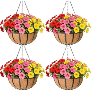 14 Inch Black Flat Iron Metal  Planter Basket with Coco Coir Liner(4 Pack)  Planters for Outdoor   Baskets for  Flower Pots for Deck Patio Porch Garden Balcony