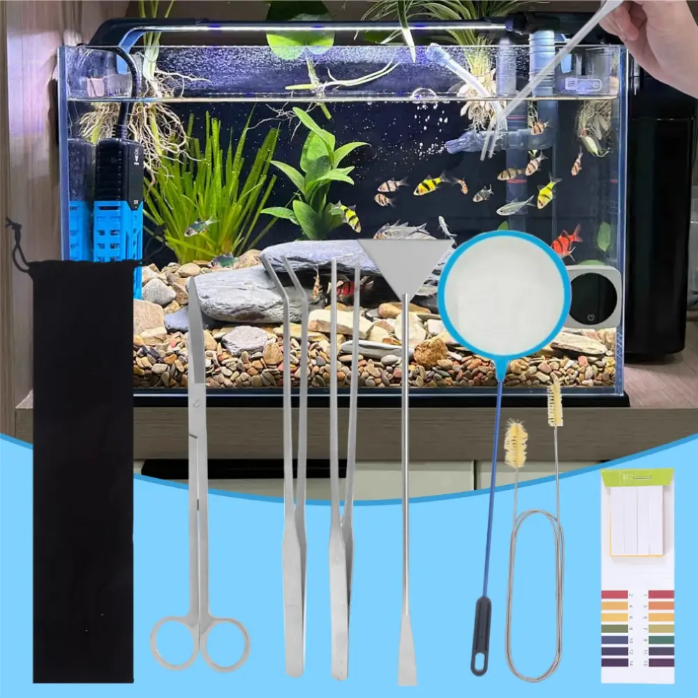 7-in-1 Metal Aquascaping Tool Set, Long-Lasting Stainless Steel Aquarium Maintenance Kit with Tweezers, Scissors, Scraper for Aquarium Enthusiasts