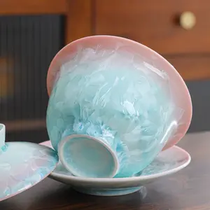 T12. Jingdezhen handmade gradient gaiwan large kiln-fired crystal tea bowl Kung fu tea set for home