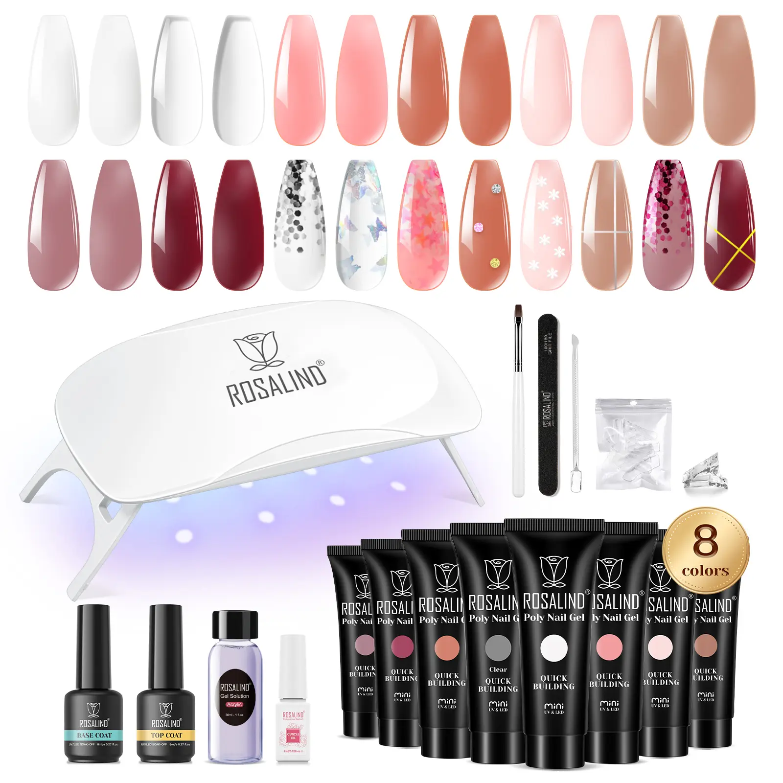 ROSALIND Mini Poly Nail Gel Kit 8 Color Extension Gel Polish With Mini UV Lamp Base Top Coat Gel For French Extend Nail Art Beginner Manicure Kit
