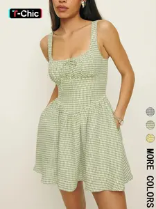 Women's Gingham Print Cami Dress, Casual Sleeveless A Line Dress for Summer, Ladies Clothes for Beach Holiday