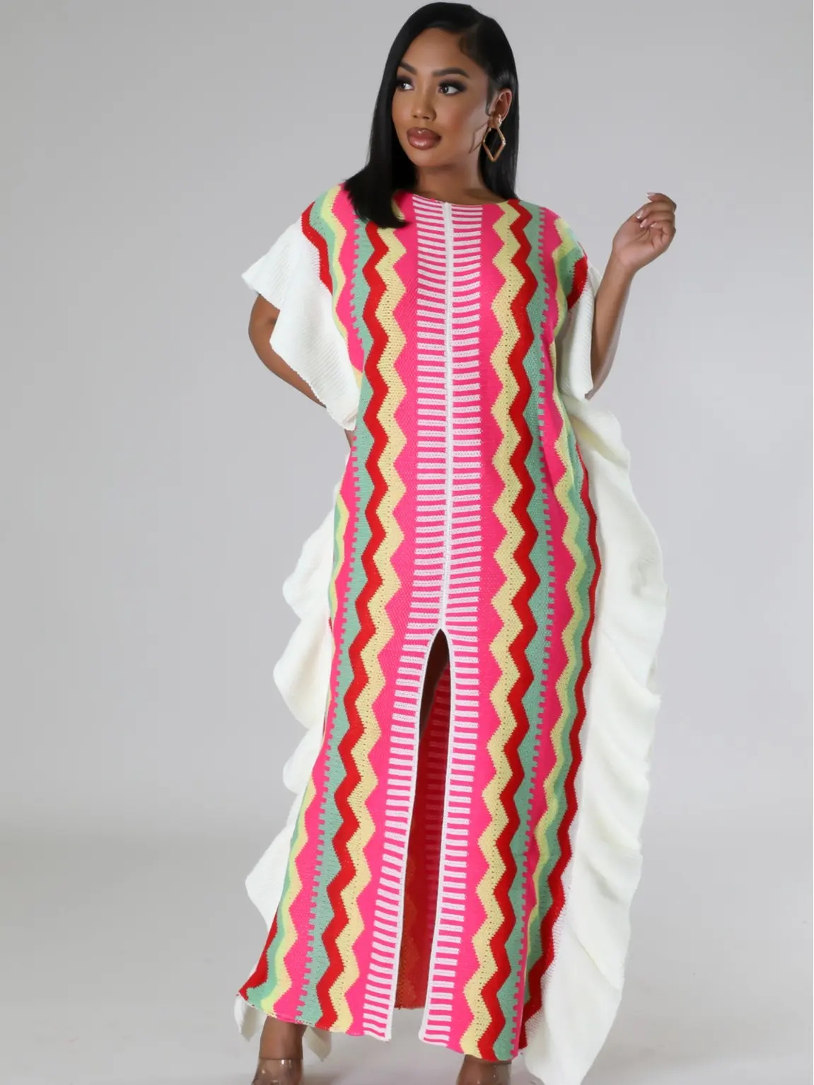 Women's Summer Knit Piñata Poncho Dress with Short Sleeves and Round Neckline