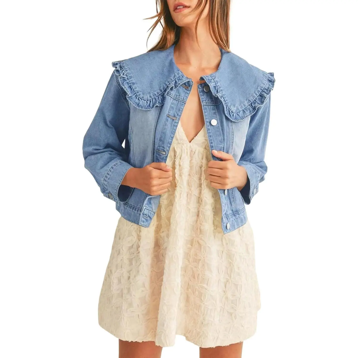 Imily Bela Womens Denim Jacket Peter Pan Collar Cute Cropped Long Sleeve Shirts Jean Coat with Pockets