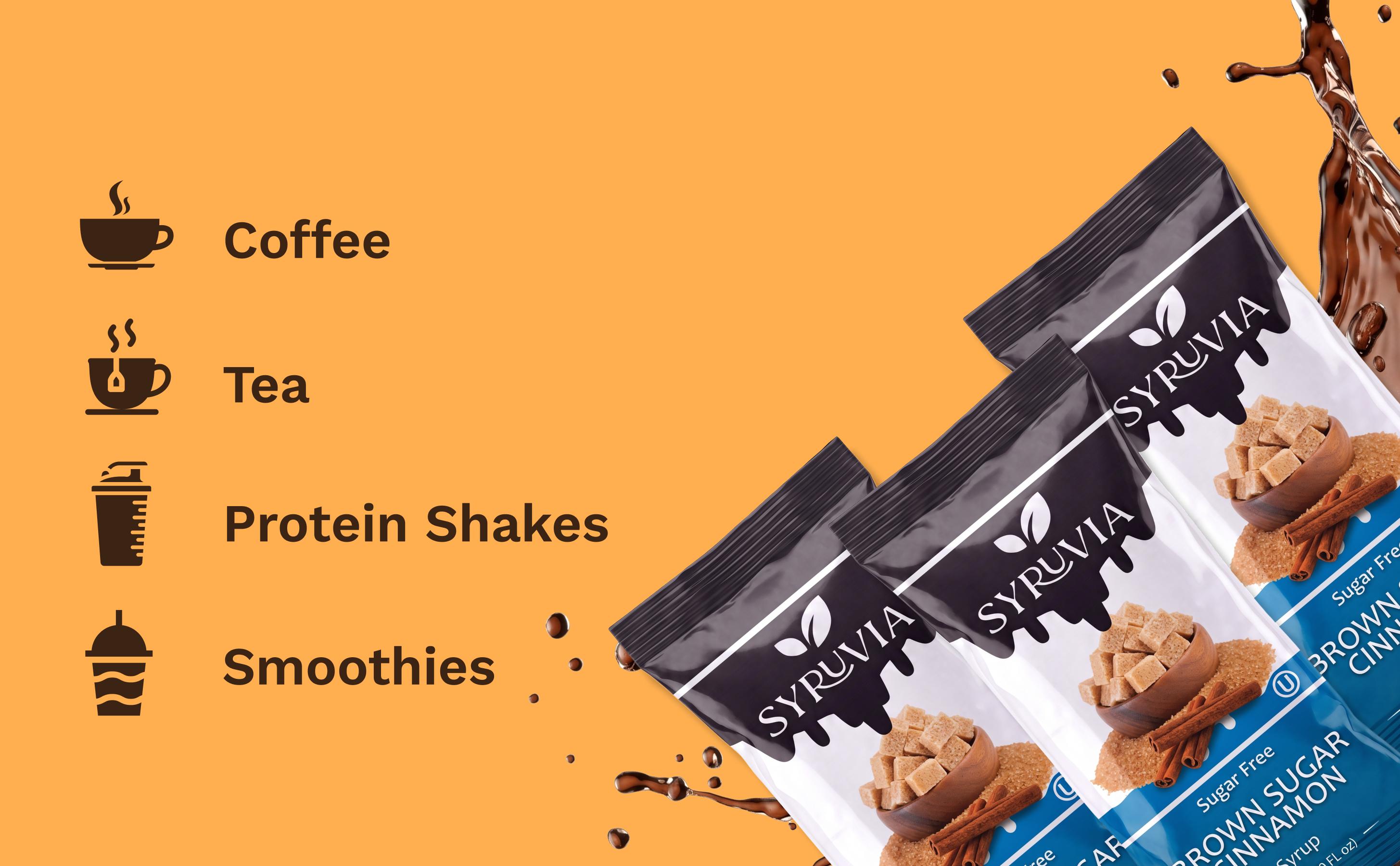 Syruvia Sugar Free Brown Sugar Cinnamon Syrup Pouch Packs, Gluten Free Kosher Safe Room Temp Coffee Syrup Sticks for Coffee, Lattes, 30 Count (15 mL Each) Syruvia Sugar Free Brown Sugar Cinnamon Syrup Pouch Packs, Gluten Free Kosher Safe Room Temp Coffee Syrup Sticks for Coffee, Lattes, 30 Count (15 mL Each)