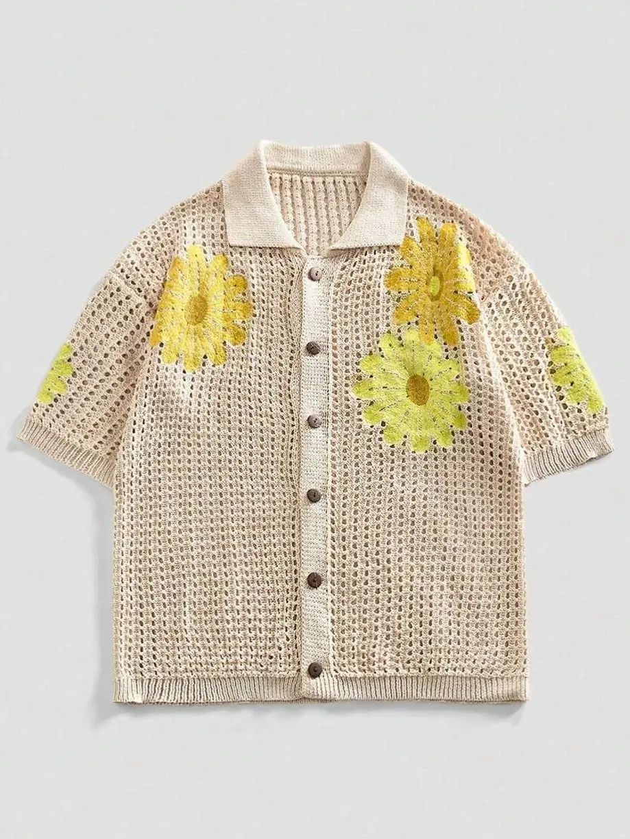Sweater - Men's Sunflower Knit Cardigan, Short Sleeve Crochet Shirt, Breathable Lightweight Beach Summer Top sweaters trending clothes male clothing summer clothes summer men clothes vacation outfits summer outfits streetwear