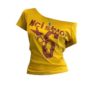 Y2k Sport Summer Off shoulder Top Women Sexy Vintage 2000s Short sleeve T shirt  Lady Body Basic Crop Top Female Casual