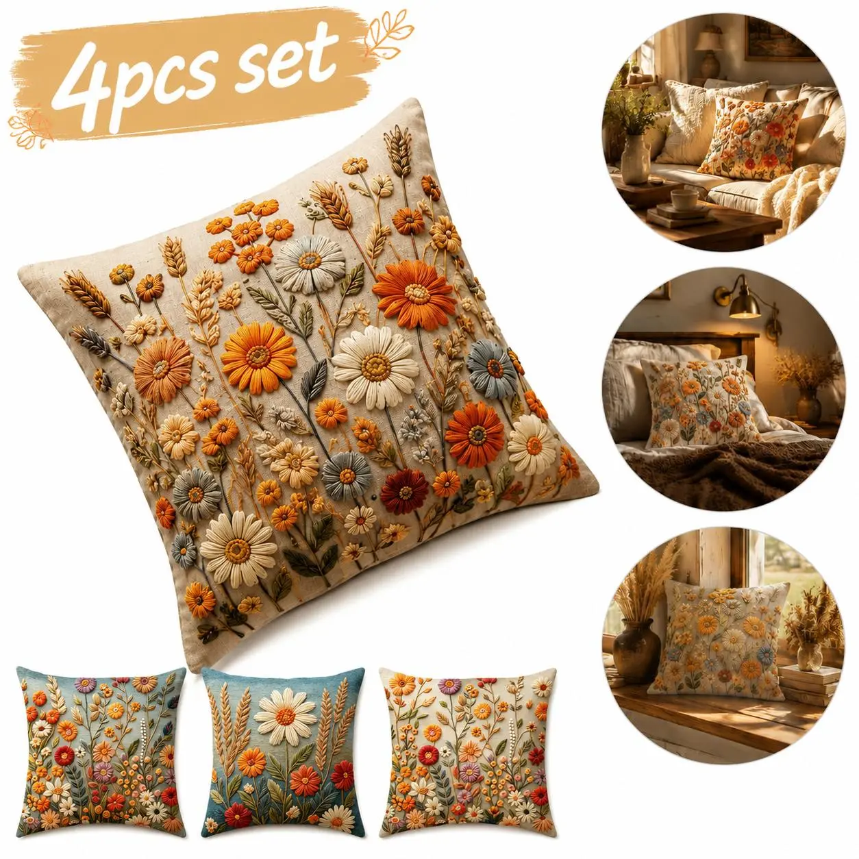 Nostalgic Fall Flower Cushion Covers Set of 4, 45x45cm Simulated Embroidery Botanical Print Rustic Chic Soft Cases, Farmhouse Home Décor for Living Room Sofa, Flower Shaped Cushion Covers