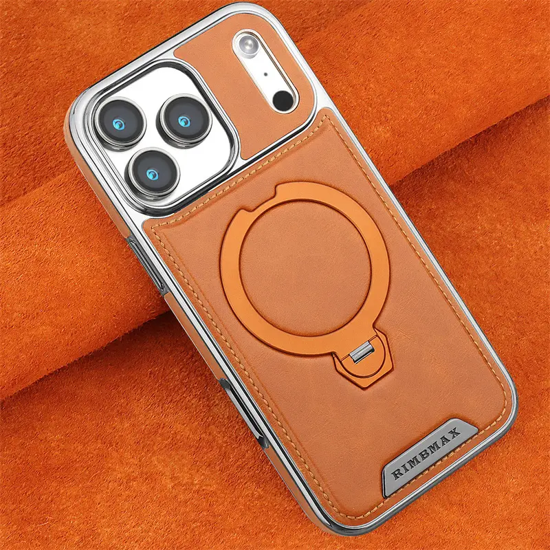 Magnetic Rotat Bracket Luxury Leather Phone Case For iPhone 13 14 15 16 17 18 Pro Max Plus Wireless Charging Shockproof Cover