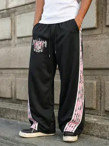 Men's Black Angel Badge Wide-Leg Sweatpants - Pink & White Striped Drawstring American Retro College Style Loose Casual Track Pants