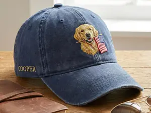 Golden Retriever USA Flag Hat – Personalized Embroidered Dog Dad Cap with Custom Name – Vintage Washed Baseball Cap for Pet Lovers Gift