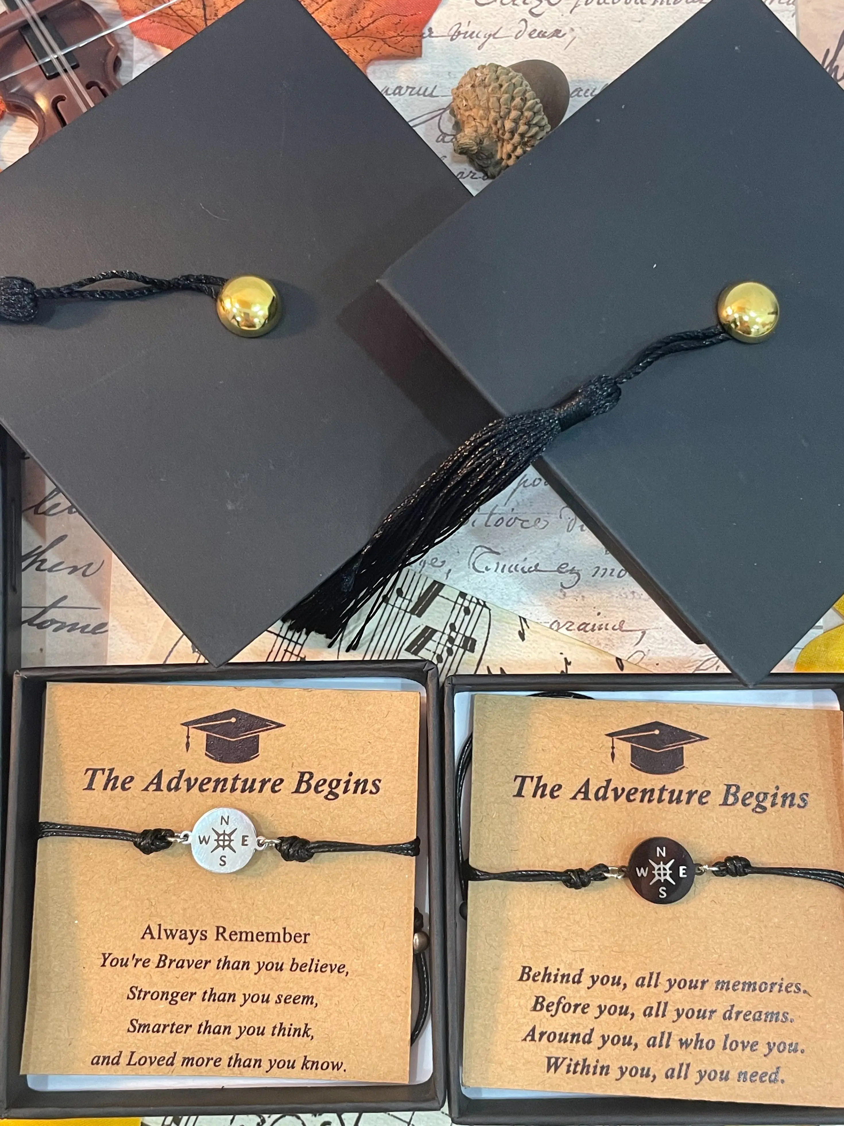UFS-B Stainless Steel Compass Graduation Bracelet for Her & Him, "The Adventure Begins" Inspirational Graduation Gift with Message Card & Gift Box, Adjustable Cord Bracelet for High School/College Graduates 2026