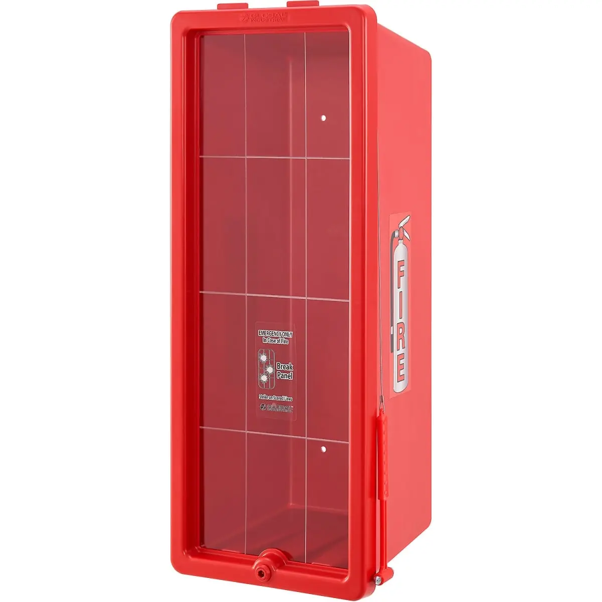 Global Industrial 641650 Red Rectangular Office Fire Extinguisher Cabinet - 20 lbs Capacity, High-Density Molded Plastic, Surface/Wall Mountable, Lockable, Indoor, Safety Compliant, Natural Ventilation, 1-Year Warranty, 28-3/8"w x 11-5/16"d x 10"h, Yes