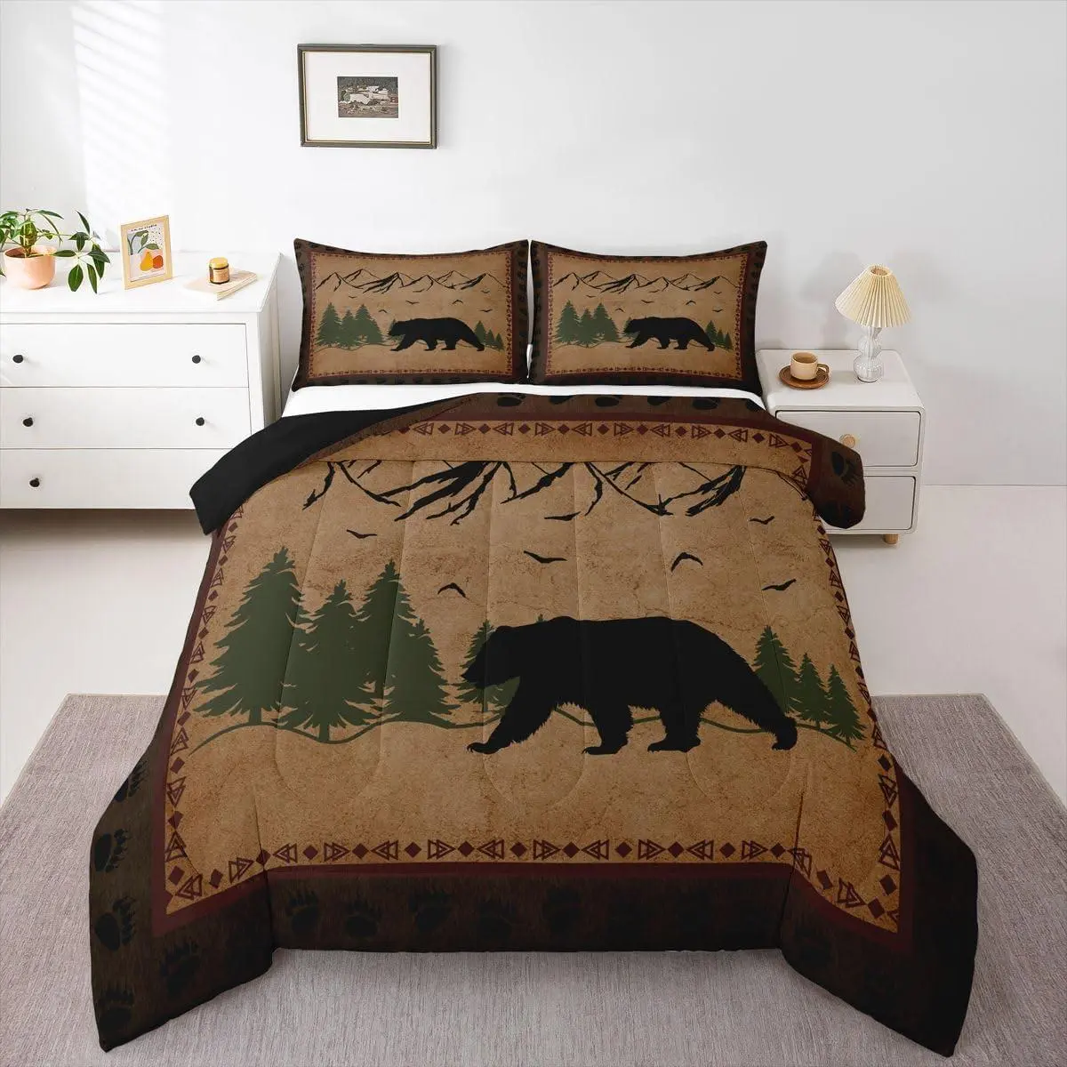 Bear Comforter Set,Rustic Lodge Theme Bedding Set for Kids Boys Teens Adult,Cabin Farmhouse Wildlife Quilt Woodland Animal Down Comforter for Bedroom Decor,Brown