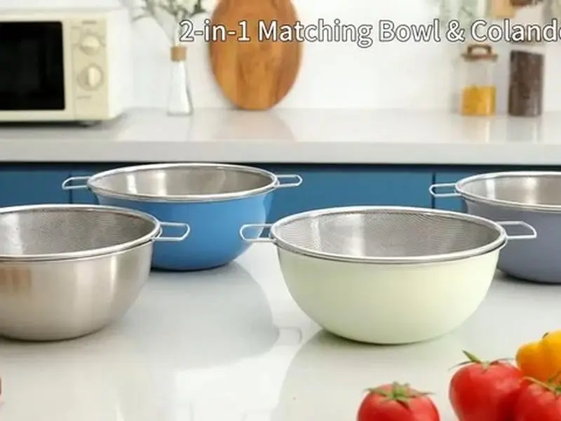 18/8 Stainless Steel Fine Mesh Colander Set (3.5Qt) for 1.5 Bowl Kitchen Sink Fixture, Includes 1 Mixing Bowl with Built-in Measurement Marks & 1 20-Mesh Strainer for Rinsing Kitchen Utensils