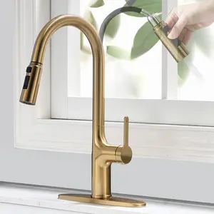 Brushed Gold Modern Kitchen Faucet Single Handle with Pull Down Sprayer, Stainless Steel Brass 3-Function Spray Head with Deck Plate for 1 or 3 Hole