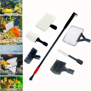 Set of 7 pcs (6size)combination pet cleaning tools Adjustable fish tank cleaning tools Easy to operate Cleaning brush material Hard and durable adjustable Angle flat brush, square brush, algae knife, tube brush, fish net, sand rake with retractable handle