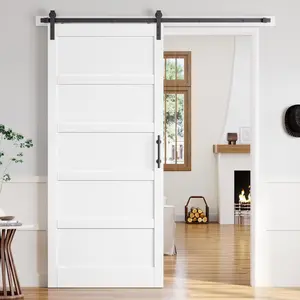 42 x 96 Inch White 5-Panel Sliding Barn Door Slab with 7ft Hardware Kit Included, MDF Wood Panel with Water-Proof Scratch-Proof PVC Surface, Simple DIY Assembly