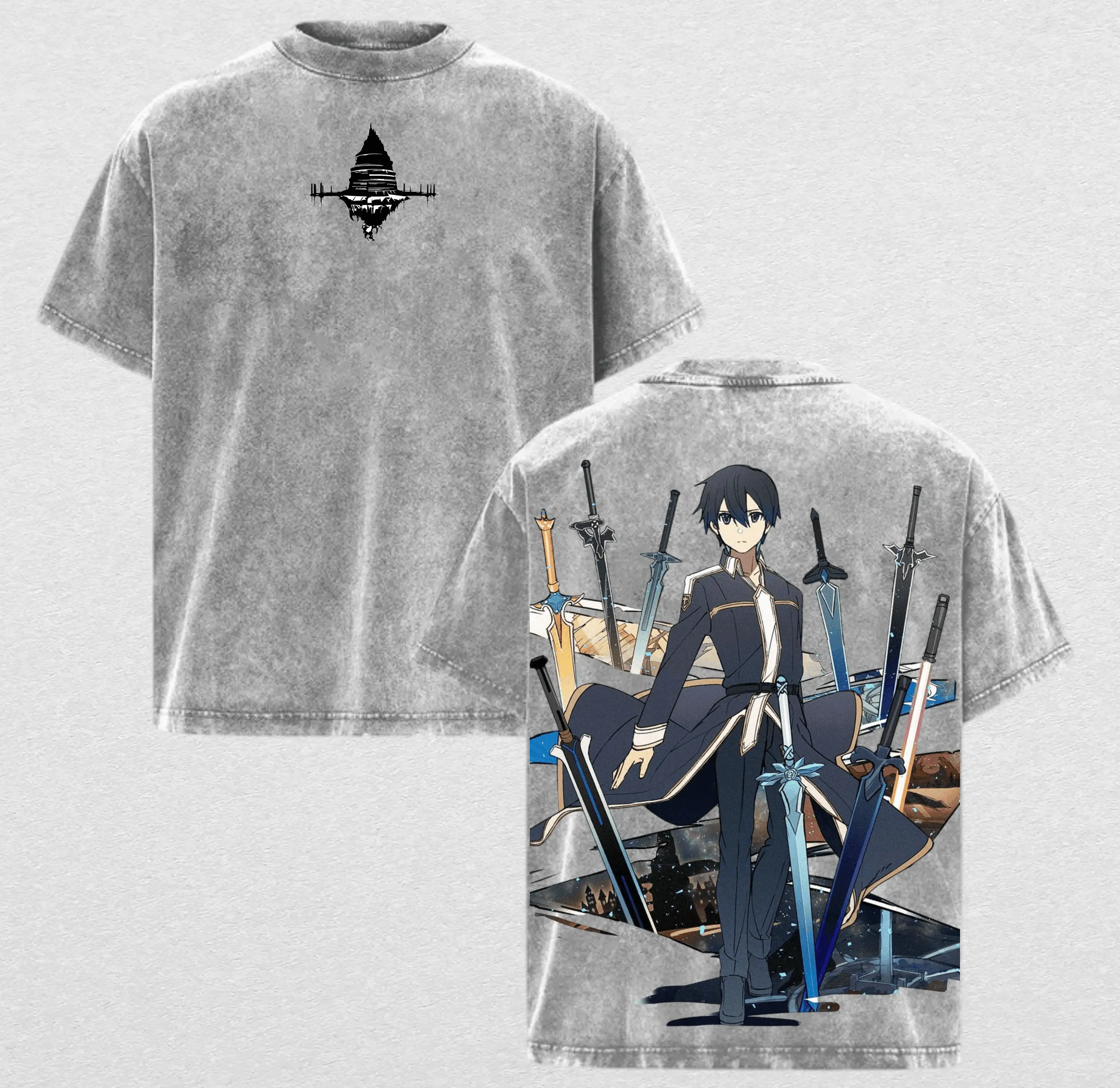 Sword Art Online Kirito Vintage Washed Anime T-Shirt - Heavyweight Cotton Acid Wash Streetwear Tee - Perfect Gift for SAO Anime Fans, Oversized Fit Graphic Tee