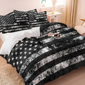 Vintage Black White American Flag Print Duvet Cover Set, 1 Duvet Cover + 1/2 Pillowcases, No Core, Distressed USA Flag Bedding, Soft, Comfortable & Breathable, All Seasons Available, American Retro Bedroom Decor