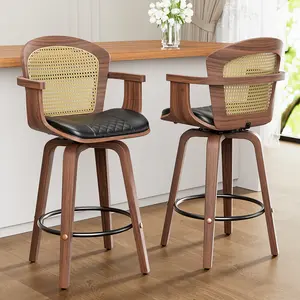 Aowos Rattan Bar Stools Set of 2, 26" Bentwood Barstools with Arms High Back, Mid-Century Modern Counter Height Swivel Bar Chairs for Kitchen Island, home, bar set, soft, seat, cushion