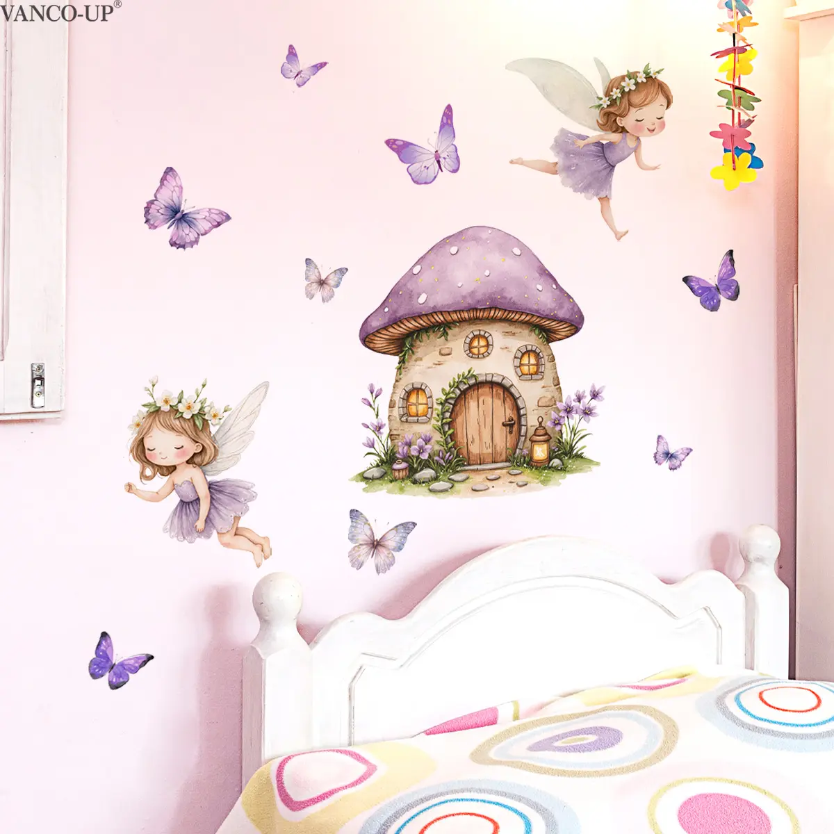 A (30*60cm) purple fairy mushroom house wall sticker for beautifying home and living room, self-adhesive wall decoration sticker for bedroom and corridor background wall Decorative Stickers N20598