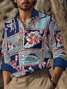 Men's Fall Long Sleeve Blue Patchwork Shirt, Casual Holiday Style, Loose Fit, Letter Pattern, Thin Fabric, Perfect for Vacation & Dates