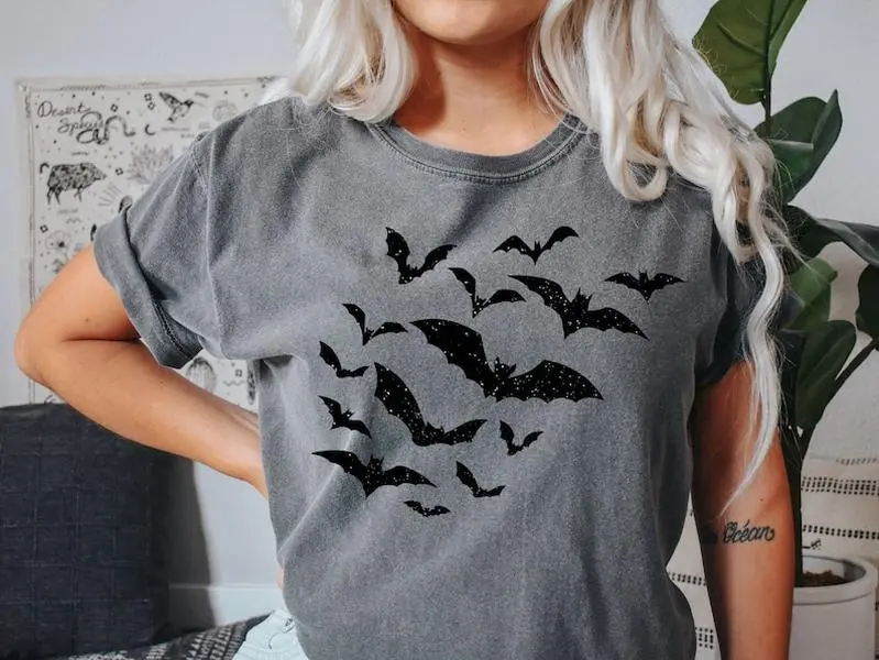Comfort Colors Spooky Sparkle Glitter Bats T-Shirt, Halloween Outfits, Graphic Tee