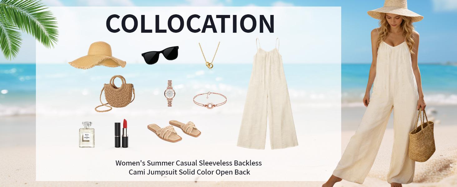 WoodBerry Women's Backless Spaghetti Strap Jumpsuit Summer Sleeveless Tie Back Long Wide Leg Romper with Side Pockets Casual Loungewear Outfit for Beach Vacations