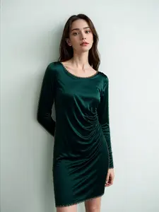 Vince Camuto Velvet Ruched Dress Hunter Sz 10 - Long Sleeve Bodycon Jewel Neck Dress in Hunter Green VC2-0563 for Elegant Women