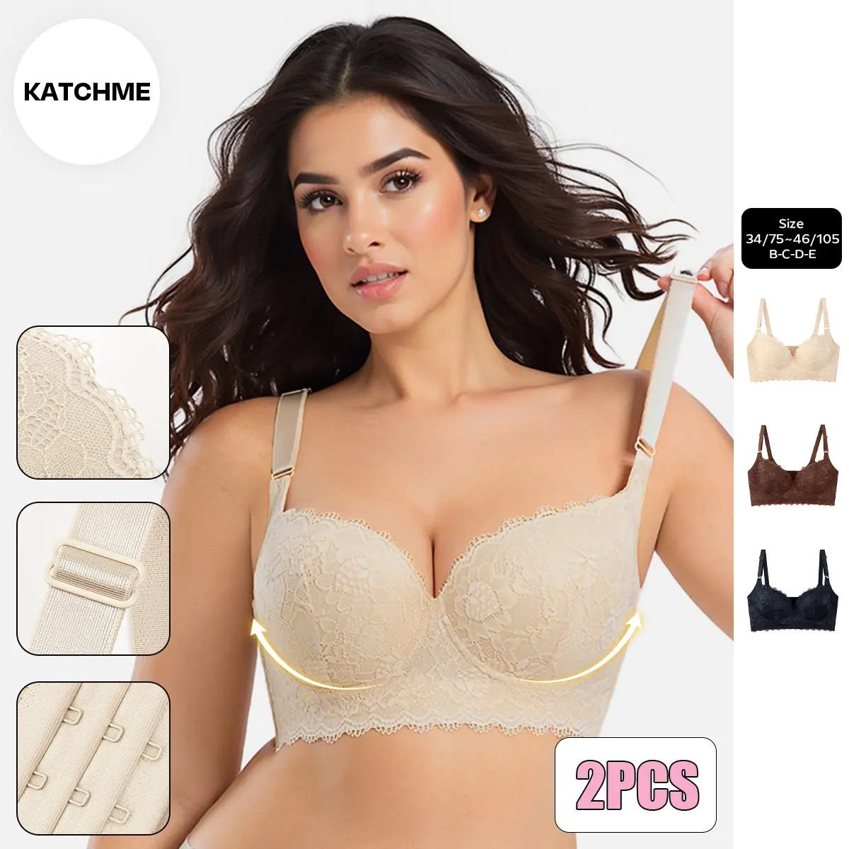 Katch Me Chic Women's Elegant Lace Adjustable Strap Underwire Push-Up Bra, Classy 3/4Coverage Breathable Bra, Soft Prevent Sagging Underwear