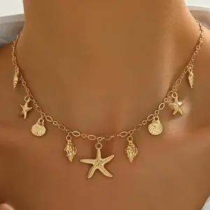 1pc of Women's Fashion Pendant Necklace with Retro Bohemian Marine Style, Metallic Style, Featuring Imitation Starfish, Imitation Shell, and Imitation Conch Shapes, a Multi-pendant Collarbone Chain