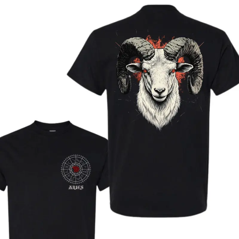 Men's Aries Zodiac Black Tshirt - Casual Short-Sleeve Round Neck Cotton Crewneck, Astrology Celestial Symbol Menswear, Unisex Birthday Gift Streetwear Top, Shortsleeve, Graphic T Shirts, Unisex Fit