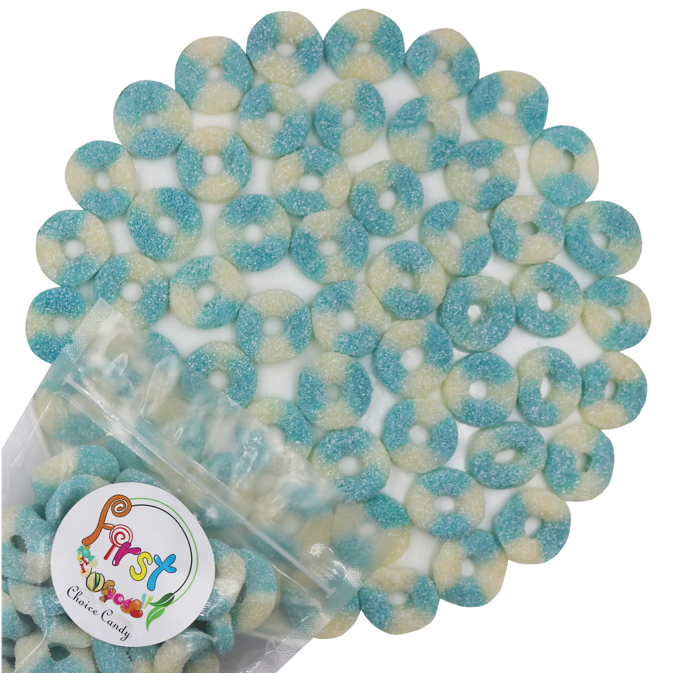 SOUR BLUE RASPBERRY MINI GUMMY RINGS 2LB BAG