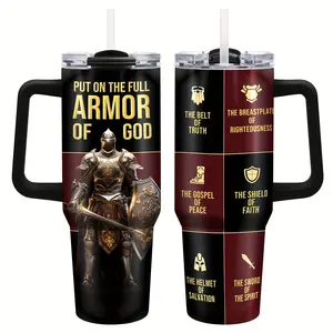1pc 40oz Armor of God Tumbler - Inspirational Christian Design with Bible Verses, Stainless Steel Insulated Mug, Black & Red Warrior Armor Print, Perfect Gift for Religious Occasions, Graduation, Birthdays, Christmas, Thanksgiving, Father'S Day,