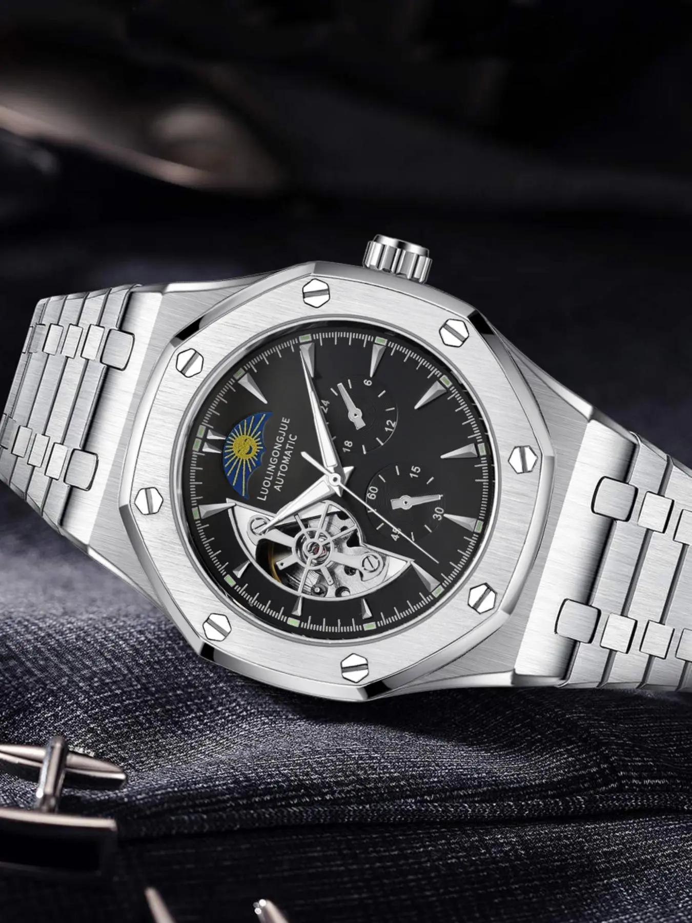 Luxury Octagon Business Men's Automatic Mechanical Watch, Classic Royal Oak Style Steel Band, Elegant Analog Dial, Waterproof Night Light Calendar, High-End Casual Gift, Luminous Analog Watch, Automatic Watches, High Quality Watches, Fully Automatic Watch