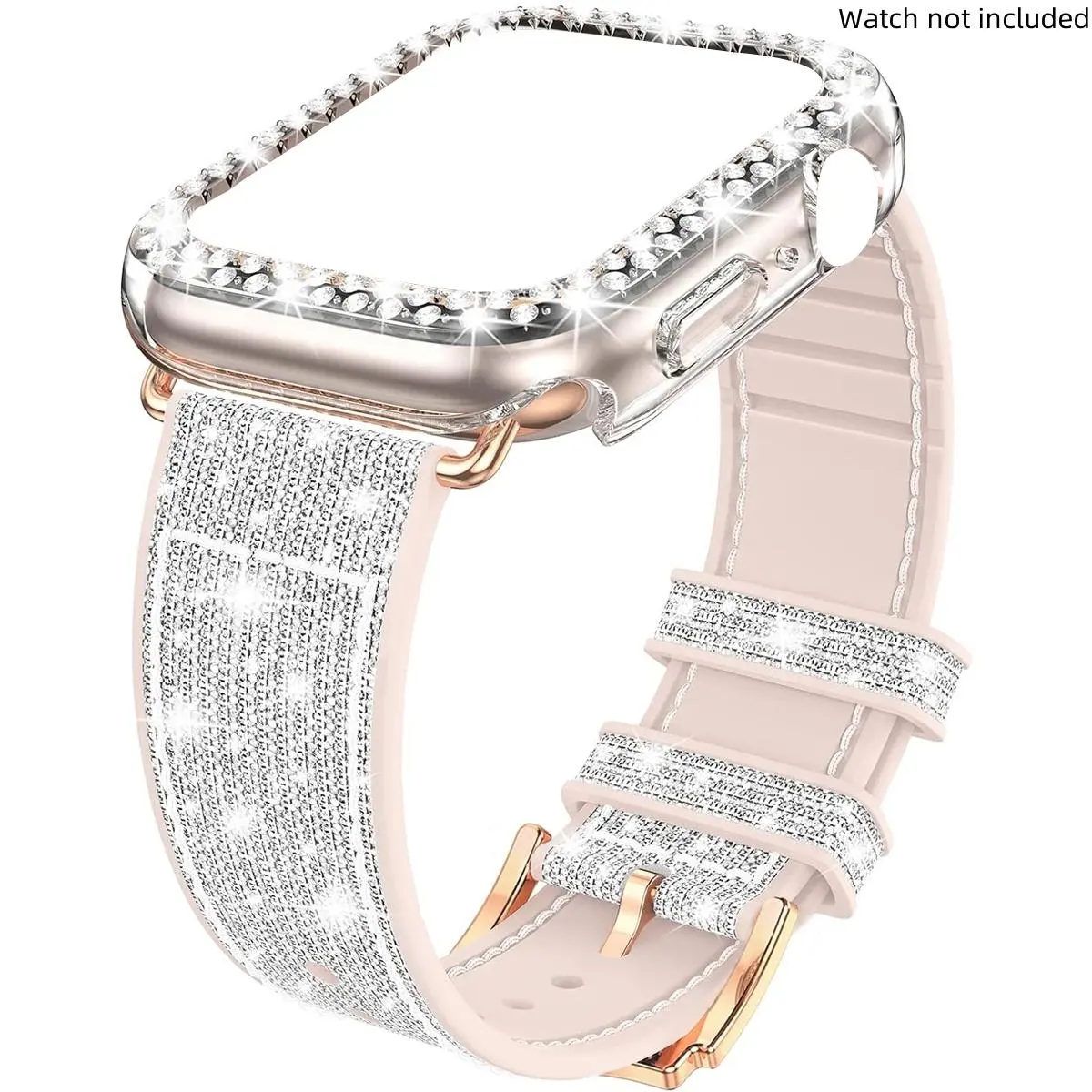 2pcs/set Women Men Fashionable Shiny Change Color Adjustable Silicone Watch Strap & Bling Rhinestone Decor Glamorous Cute Hollow Out Watch Case, For Apple Watch Band 38/40/41/42/44/45/46/49mm, For Apple Watch Series Ultra/SE/11/10/9/8/7/6/5/4/3/2/1
