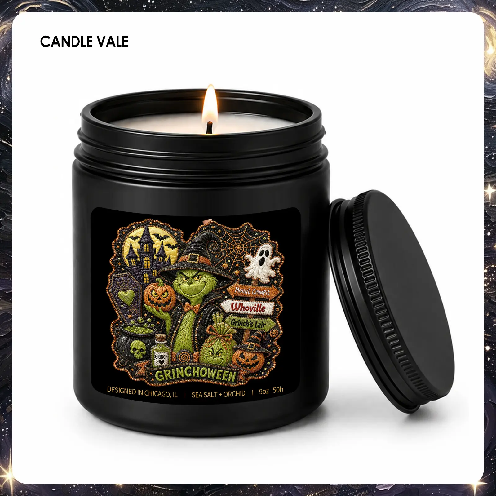 1Pc Handmade Scented Soy Candle, Embroidery Style Grinchoween Haunted Castle Print Fragrance Candle, Spooky Cute Halloween Christmas Holiday Gift for Women Family, 50-Hour Burn, Bedroom Living Room Halloween Home Fragrance Decor