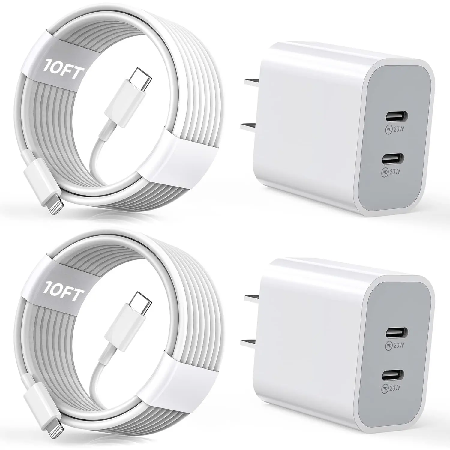 2Pack PD Dual USB C Charger Block Fast Charging Wall Charger Plug with 10FT Long Rapid Type C - Lightning Cable Charger for iPhone 14/13/12/11 Pro/XS/XR/SE iPad